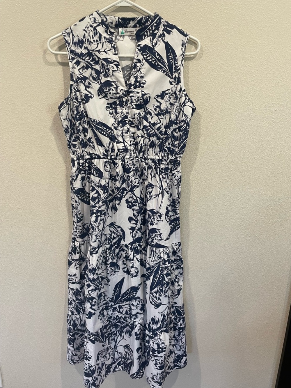 LaPogee Blue and White V-Neck Tiered Midi Dress